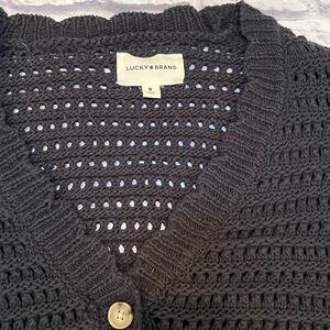 Lucky Brand black crochet Knit Cardigan scalloped edges boxy fit M